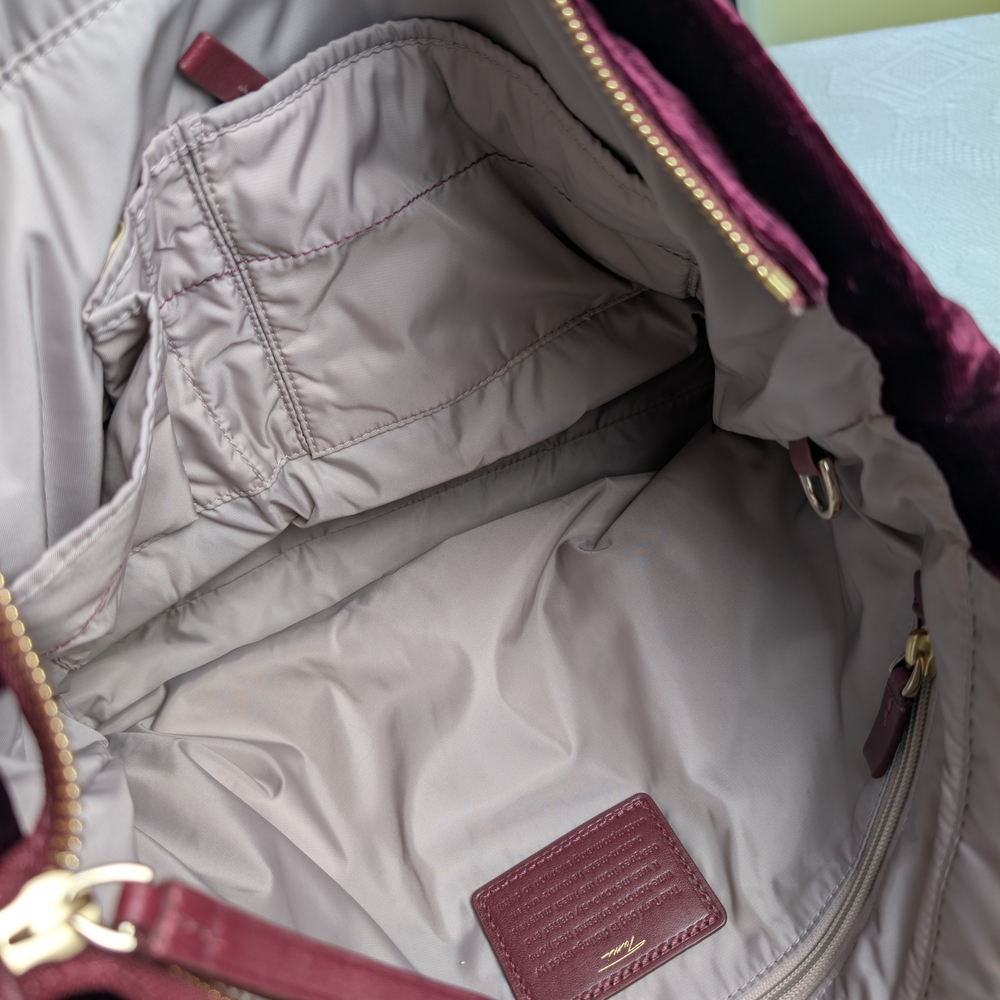 Tumi Velvet Tote Bag in Deep Burgundy with Brown Leather and Gold Hardware - Picture 5 of 13